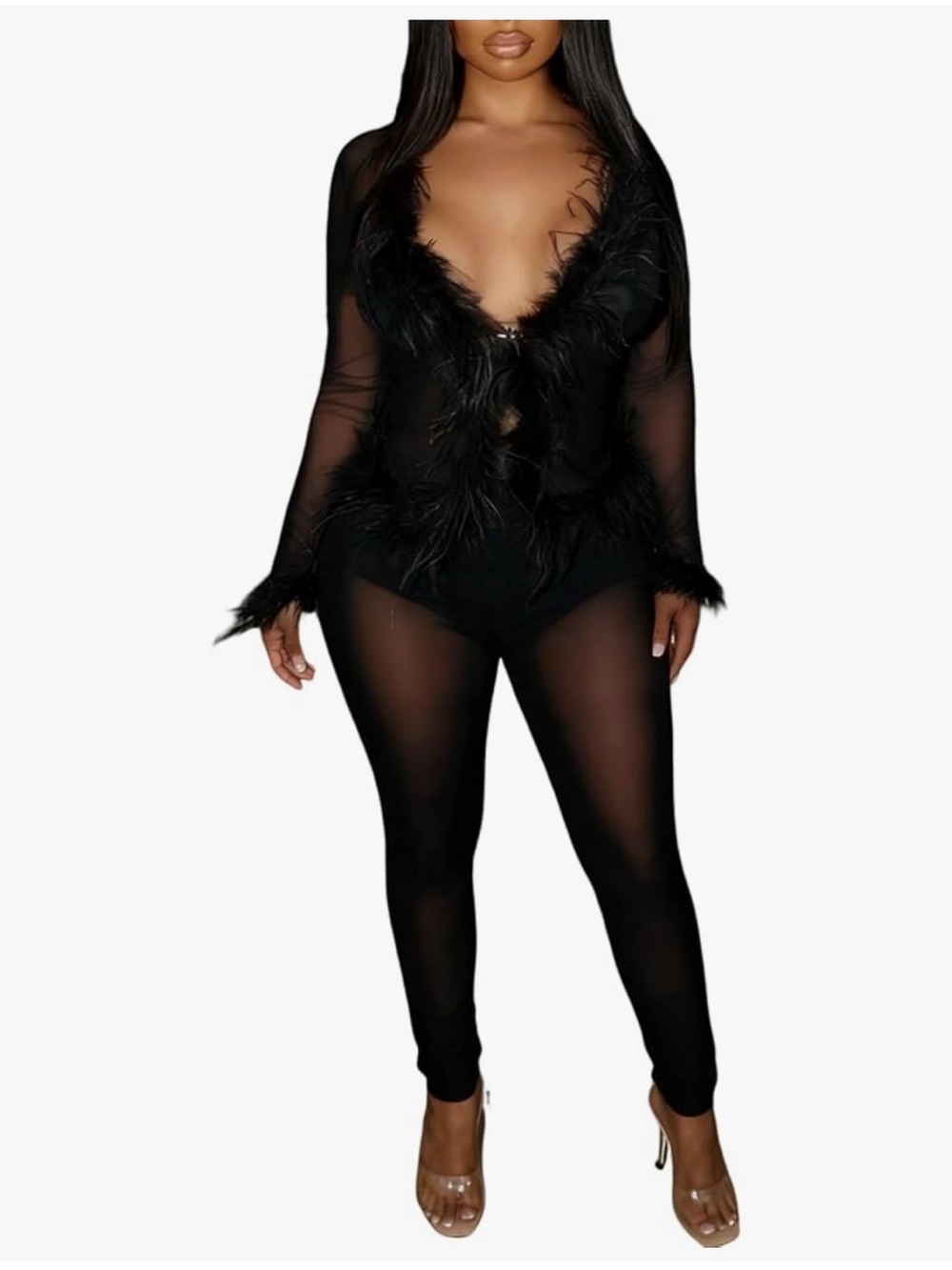 Sheer Feather Trim Black 2 piece matching outfit  size M